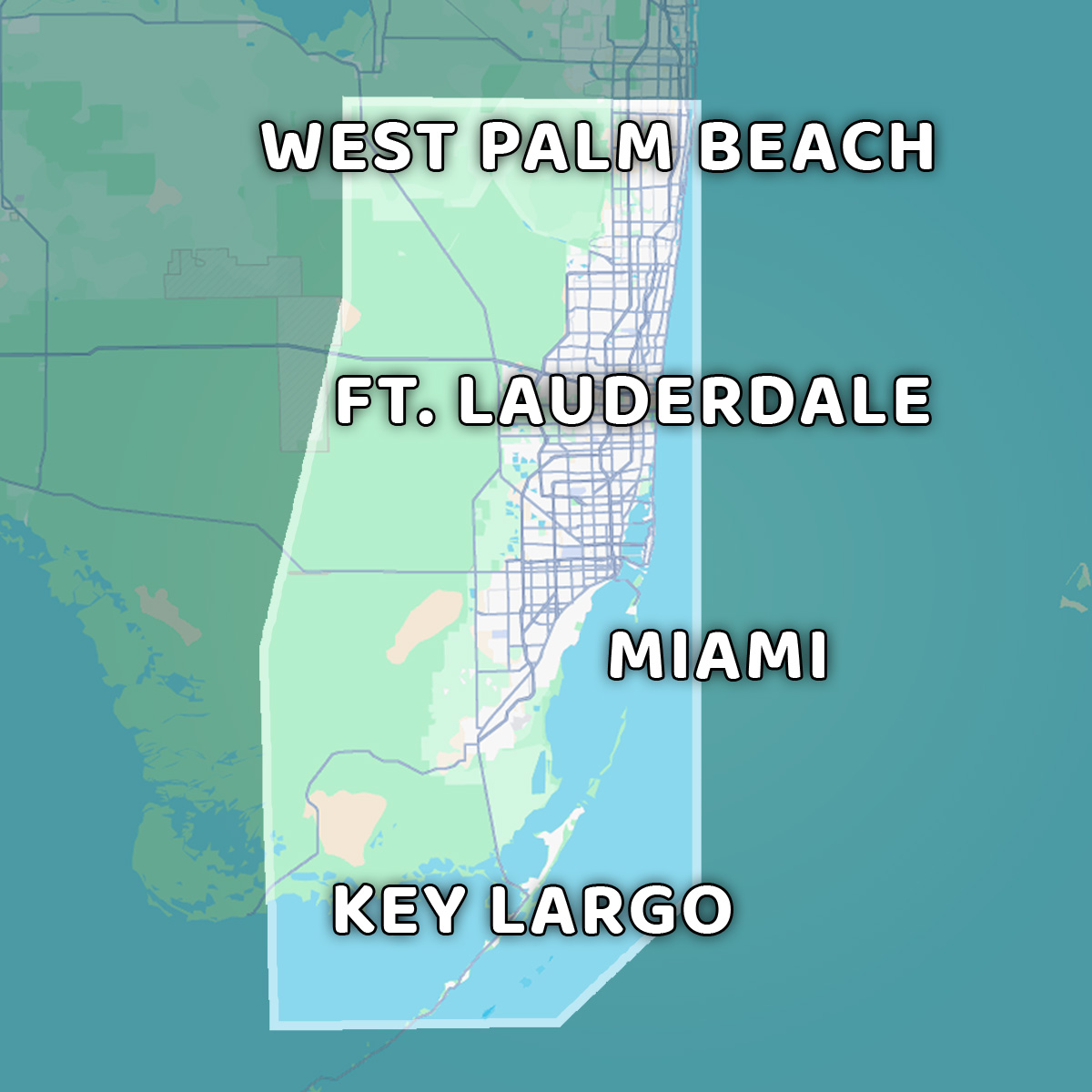 NeoViv service area map showing West Palm Beach, Fort Lauderdale, Miami, and Key Largo